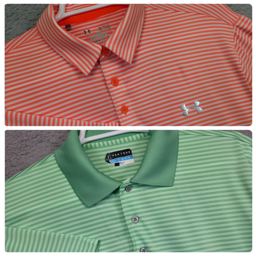 Under Armour Golf Polo Shirt Mens XL Orange Green Striped Stretch Sports Outdoor